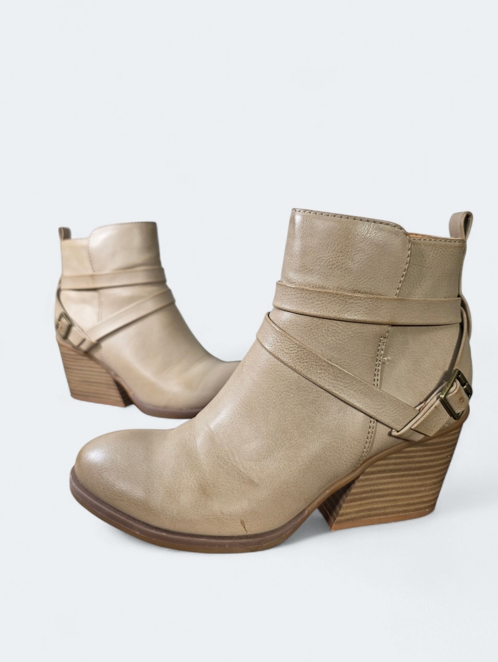 Korks Heidi Ankle Booties Cream Tan Buckle Strap Block Heel Size 8